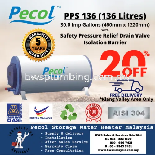 Pecol  PPS136 (136L) Storage Water Heater Malaysia - Pecol 136 litres