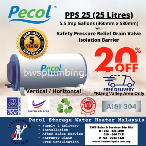 Pecol PPS25 (25L) Storage Water Heater Malaysia - Pecol 25 Litres