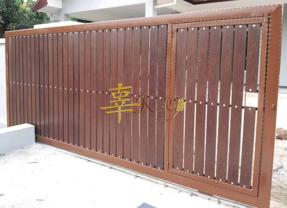 Wrought Iron Main Gate (Sliding)Bundle Aluminium Panel (Wood-Red Brown)