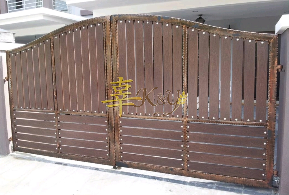Mild Steel/Wrought iron Main Gate (Folding/Swing)Bundle Aluminium Panel(Wood-Red Brown )