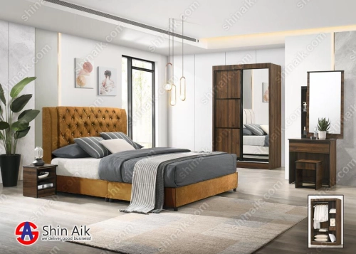 99001 (4'ft) Walnut Modern Bedroom Set With Velvet Fabric Divan Bed