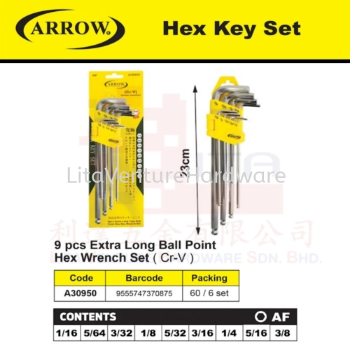 ARROW BRAND 9PCS BALL PINT HEX WENCH SEST (CR-V) A30800