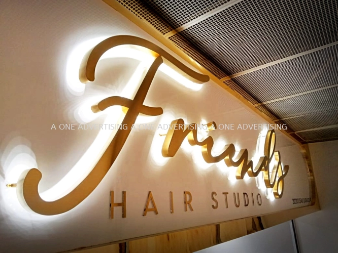 Friends Hair Studio - Backlit Gold stainless steel box up