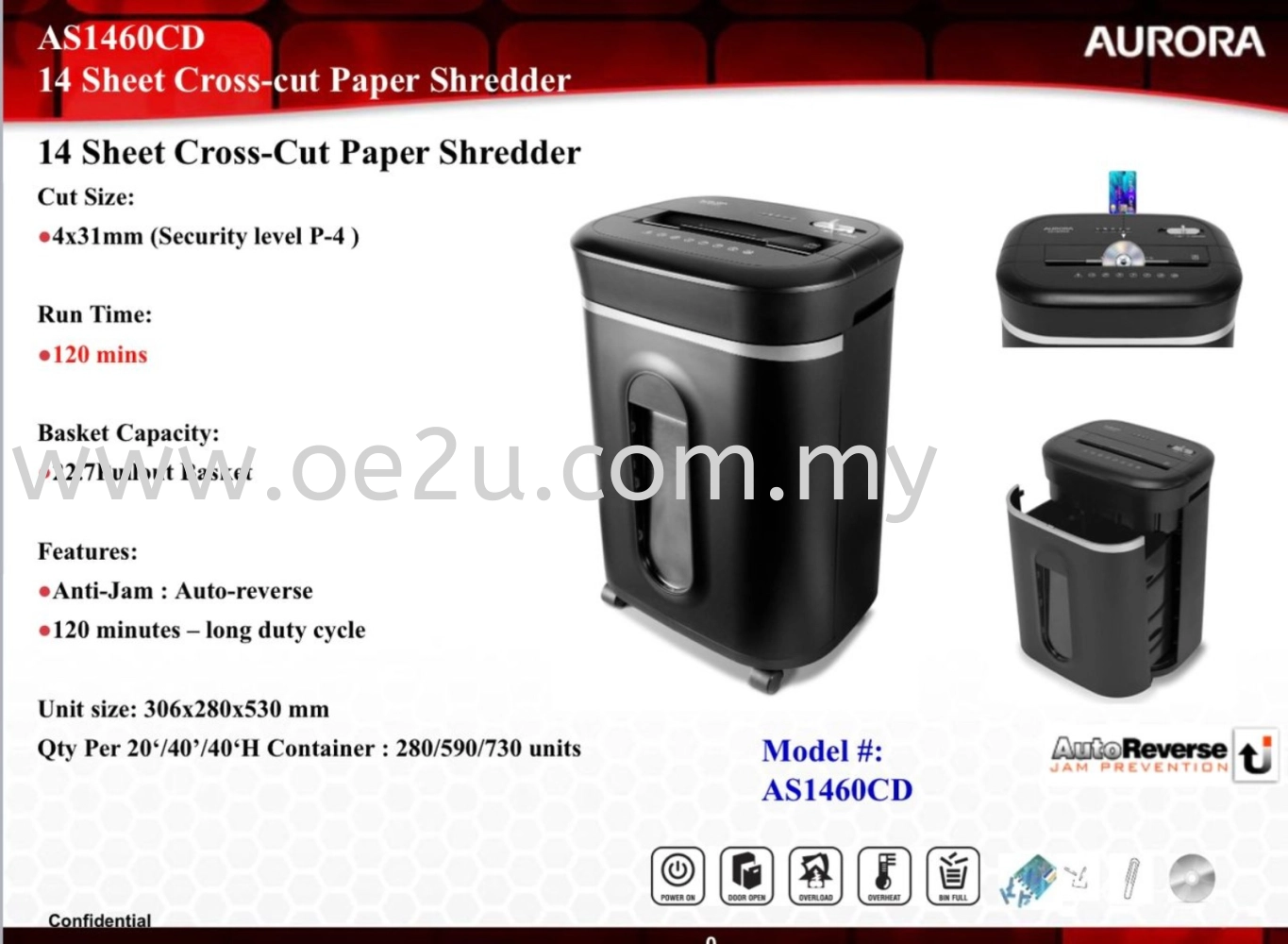 AURORA AS1460CD Paper Shredder (Cross Cut)