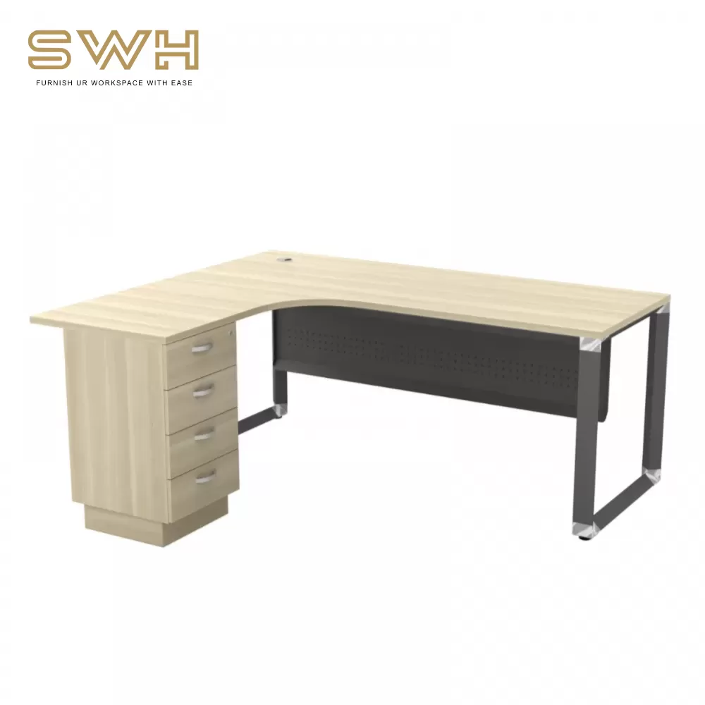 O Series L-Shape Manager Table With Metal Front Panel & 4 Drawer｜Office Table Penang