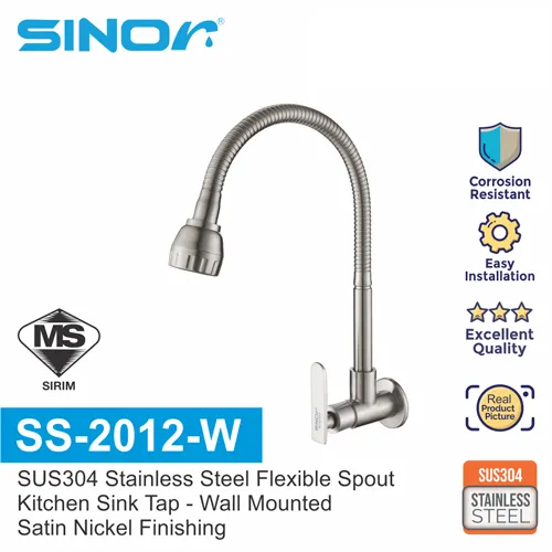 SINOR SS-2012-W SUS304 STAINLESS STEEL FLEXIBLE SPOUT KITCHEN SINK TAP KITCHEN FAUCET FLEXIBLE SPOUT ARC WALL SINK TAP