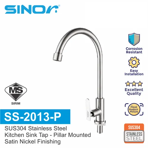 SINOR SS-2013-P SUS304 STAINLESS STEEL KITCHEN SINK TAP KITCHEN FAUCET PILLAR MOUNTED WATER SAVING ARC SINK TAP