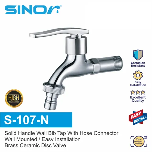 SINOR S-107-N SOLID HANDLE WALL BIB TAP WITH HOSE CONNECTOR BATHROOM FAUCET WALL MOUNTED