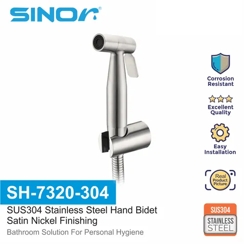 SINOR SH-7320-304 SUS304 STAINLESS STEEL BATHROOM HAND BIDET SPRAY HEAD WITH 1.2M STAINLESS STEEL HOSE AND WALL HOLDER