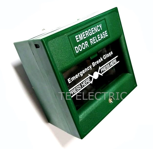 (GREEN) EMERGENCY BREAK GLASS FIRE ALARM DOOR RELEASE EXIT OPEN SWITCH