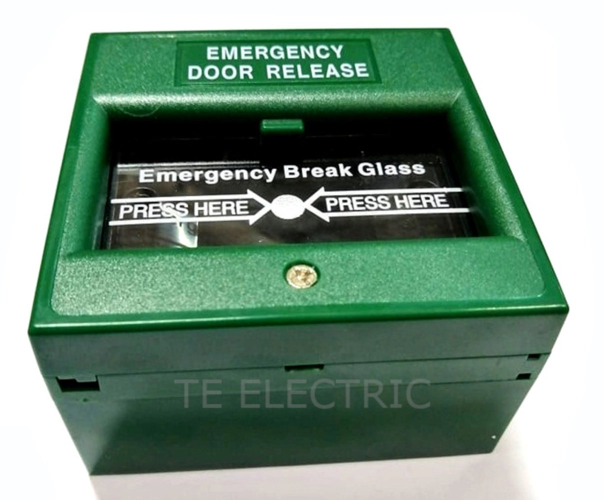 (GREEN) EMERGENCY BREAK GLASS FIRE ALARM DOOR RELEASE EXIT OPEN SWITCH