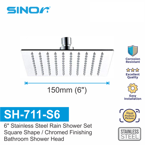 SINOR SH-711-S6 STAINLESS STEEL 6 INCHES SQUARE ULTRA THIN SHOWER HEAD SET
