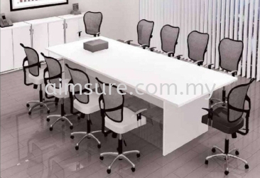 Full white conference table with wooden panel leg for 10 pax