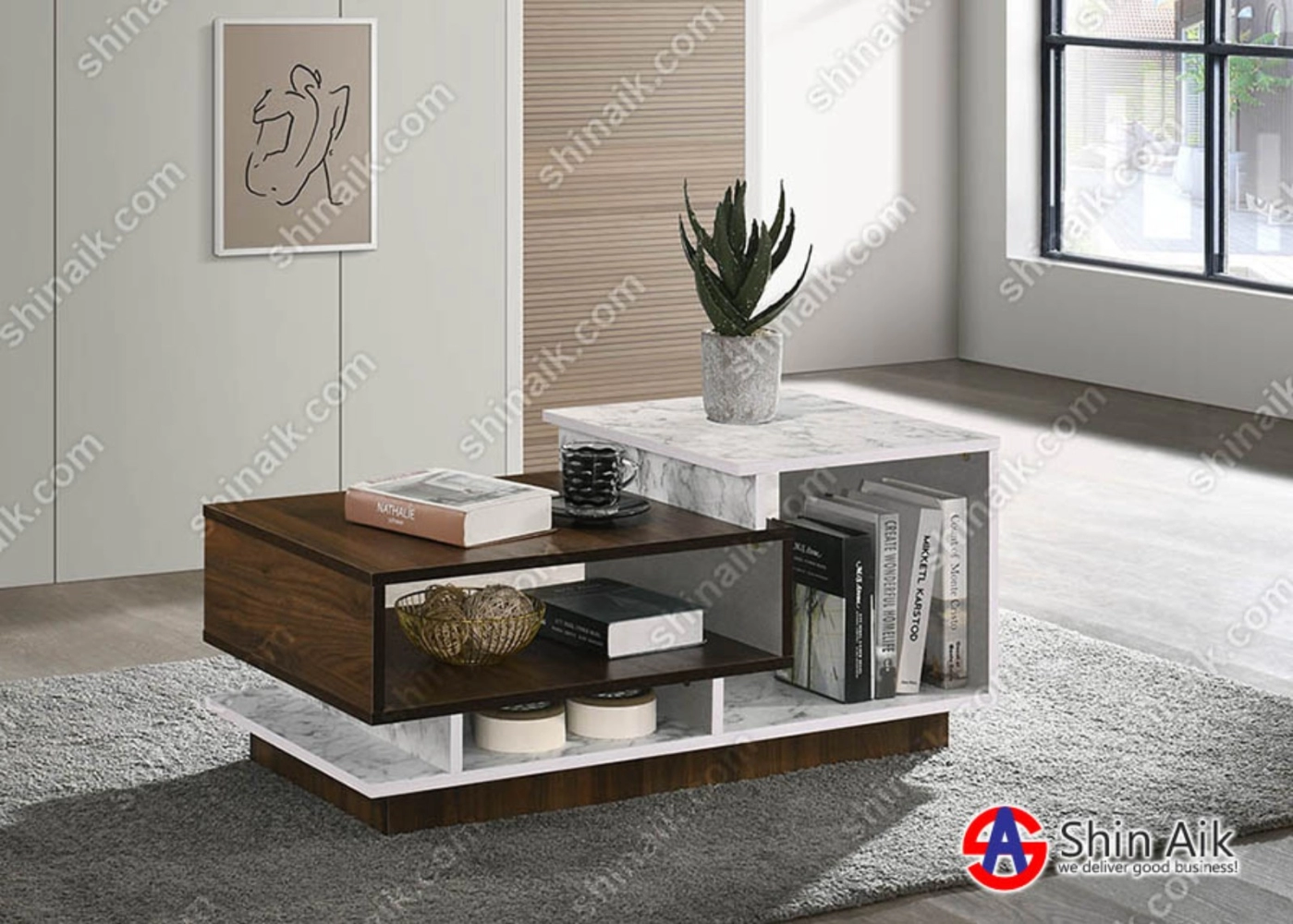 CT615010(KD) Walnut & White Marble Two-Tone Modern Contemporary Coffee Table