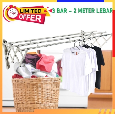 STAINLESS STEEL Wall Mounted Retractable Clothes Hanger Foldable Laundry Drying Rack Rak Penyidai Penjemur Baju 不锈钢晒衣架