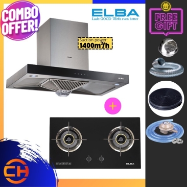 ELBA DESIGNER ELEGANTE CHIMNEY HOOD 1,400(m3/hr) EH-H9027ST(SS) + EGH-D8502GX(BK) GLASS STOVE HOB