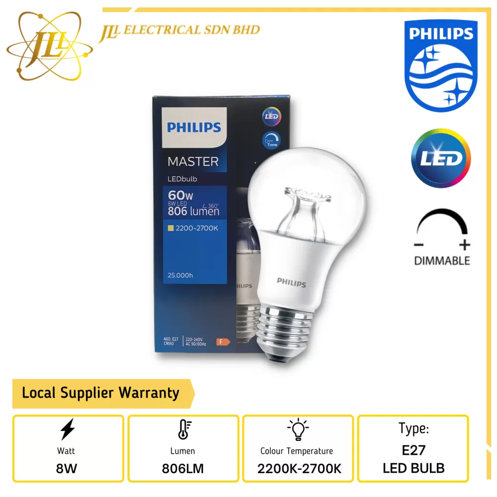 MASTER 8W A60 E27 2200K-2700K WARM WHITE DIMMABLE LED GLS BULB PHILIPS LIGHTING PHILIPS EB/BALLAST/DRIVER/CHOKE Kuala Lumpur Selangor, Malaysia Supplier, Supply, Supplies, Distributor | JLL Electrical Sdn Bhd