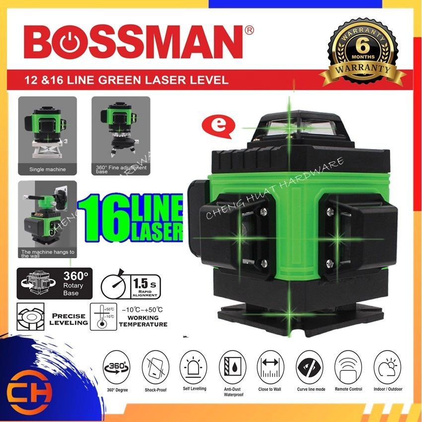 BOSSMAN BGE-016 Professional 4D Laser Level Line Laser Measuring Tool Set (16 Green Beams)