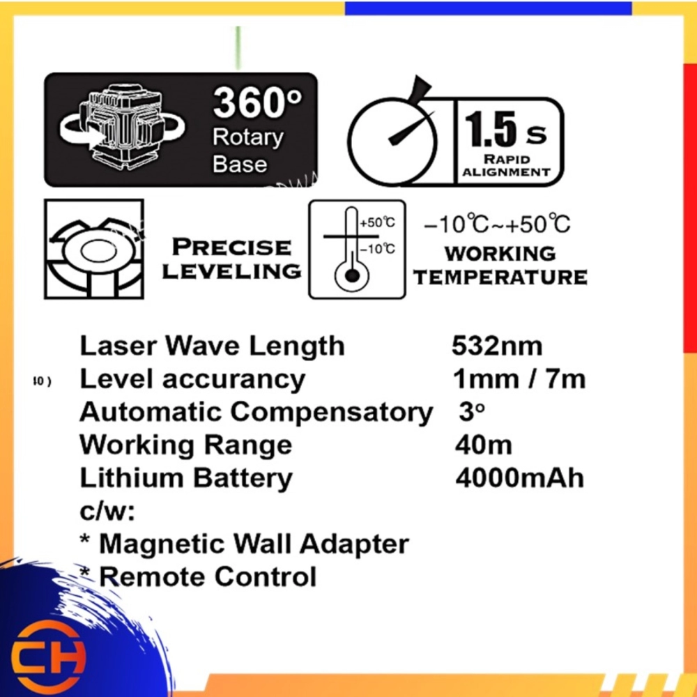 BOSSMAN BGE-016 Professional 4D Laser Level Line Laser Measuring Tool Set (16 Green Beams)