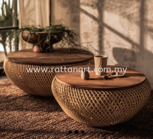 HANDWOVEN RATTAN ROUND COFFEE TABLE