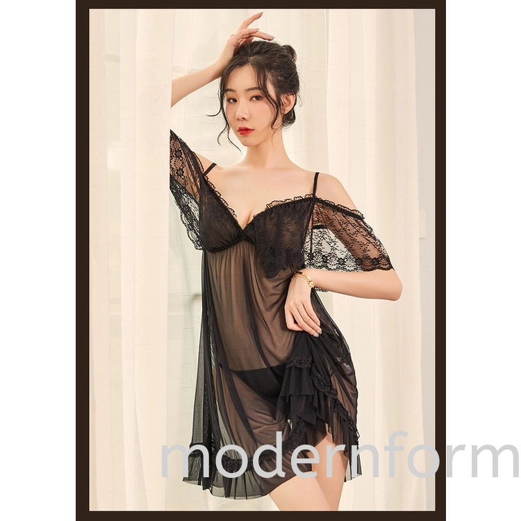 Modernform Women Sexy Lingeries Nightdress with Power Net Lace Fashion Deep V Design and Attactive Color P0755 (1950#)