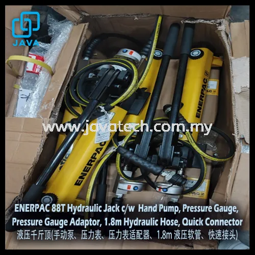 ENERPAC 88T Hydraulic Jack c/w  Hand Pump, Pressure Gauge,  Pressure Gauge Adaptor, 1.8m Hydraulic Hose, Quick Connector