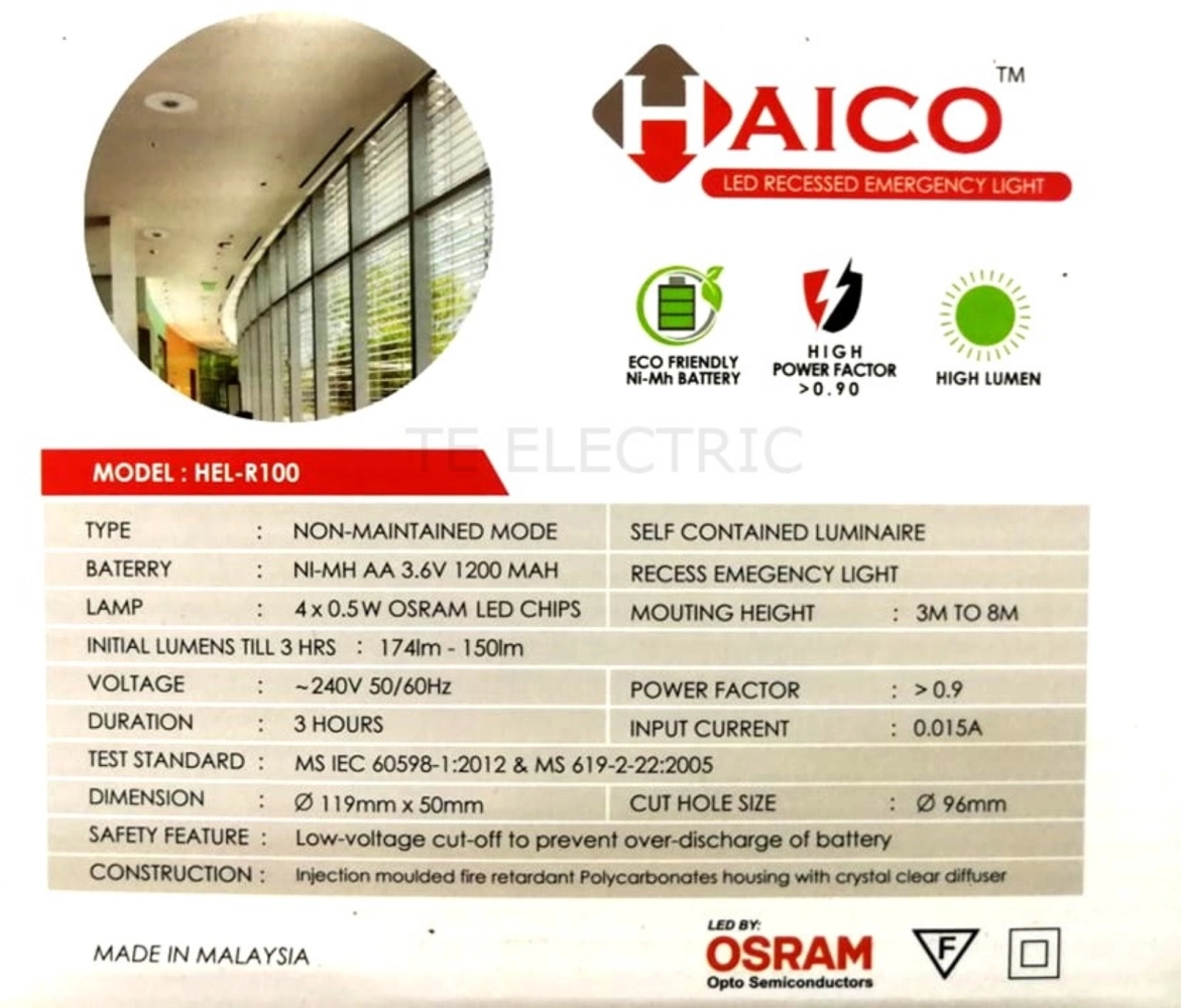 HAICO HEL-R100 RECESSED TYPE EMERGENCY LIGHT OSRAM LED CHIPS JKR / BOMBA / SIRIM APPROVED POWER FACTOR >0.9