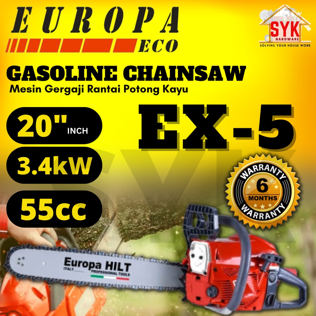 SYK Europa Hilt EX-5 20Inch 55cc 3.4kW Gasoline Chainsaw Cutting Wood Gardening Power Tool Mesin Gergaji Potong Kayu