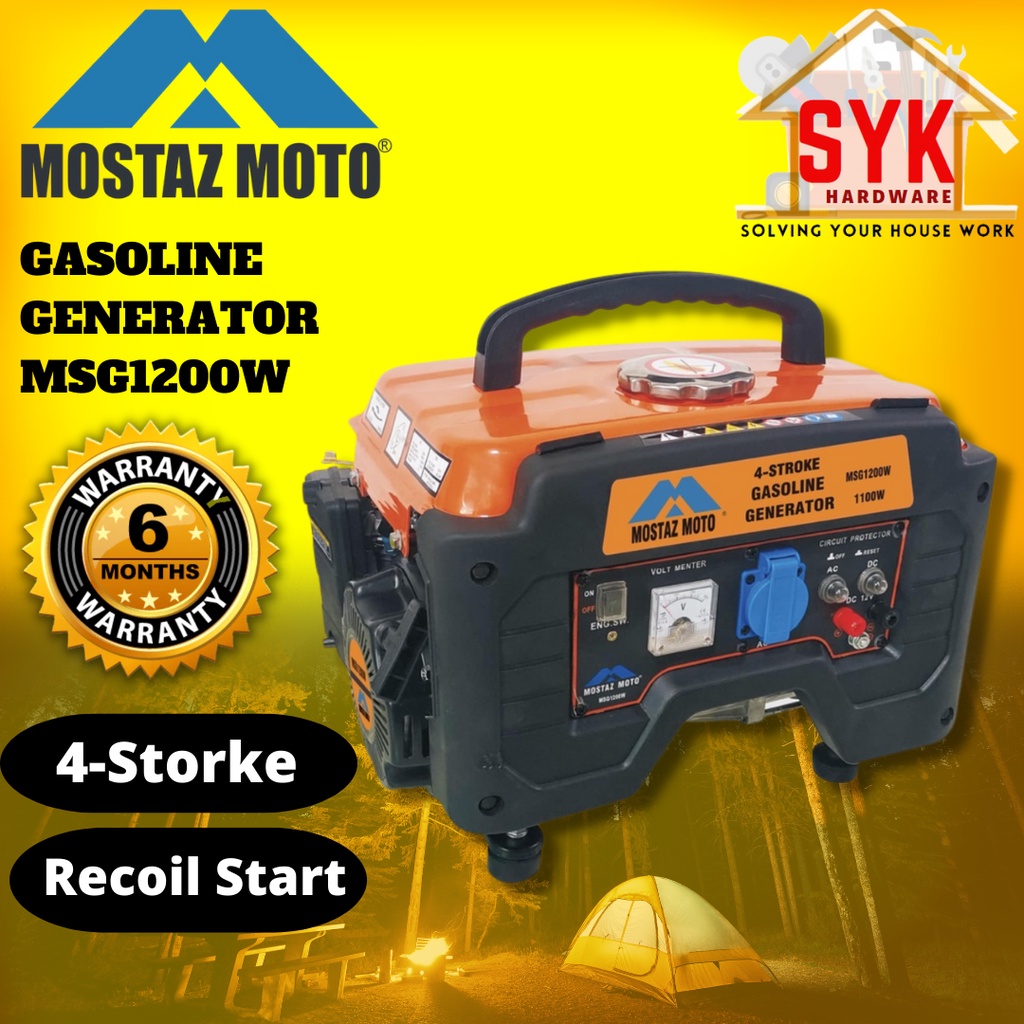 SYK Mostaz Moto MSG1200W Gasoline Generator 4 Stroke Generator Power Supply Generator Camping Pasar Malam