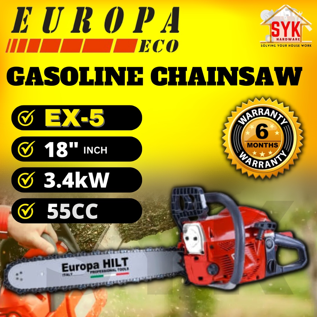 SYK Europa Hilt EX-5 18Inch 55cc 3.4kW Gasoline Chainsaw Cutting Wood Gardening Power Tool Mesin Gergaji Potong Kayu