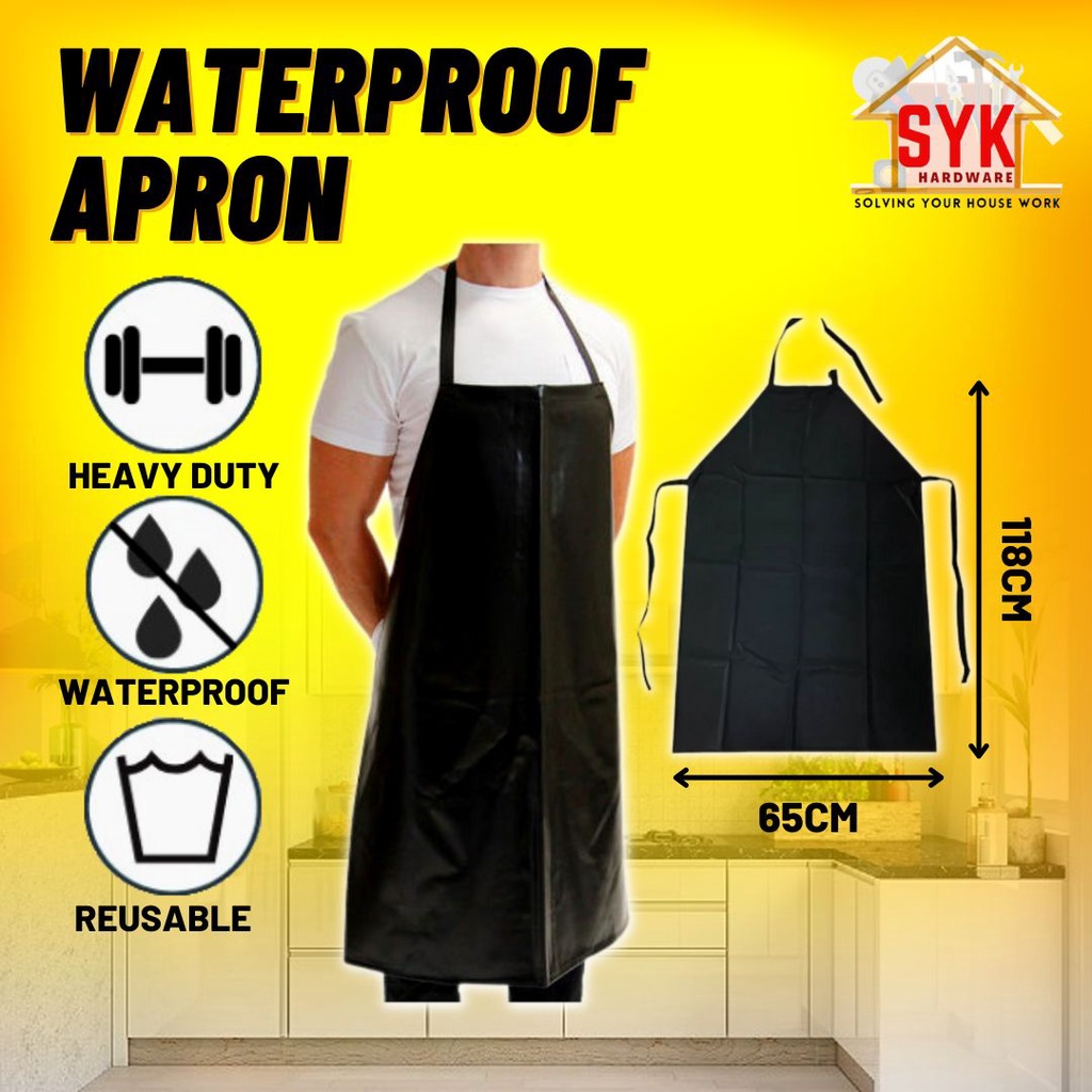 SYK Heavy Duty Waterproof OilProof Reusable Black Apron Kitchen Garden Butcher Cleaning Wear Baju Mesin Rumput
