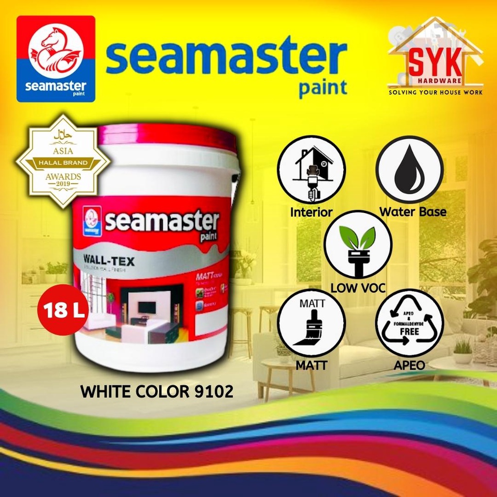 SYK Seamaster Wall-Tex (18 Liter White) Arcylic Emulsion Paint Wall Paint White Cat Dinding Dalam Cat Dalam Rumah Putih