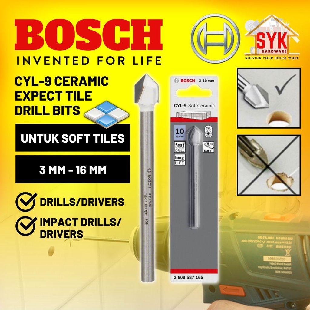 SYK BOSCH Drill Bit CYL-9 (3mm-16mm) Ceramic Expect Tile Drill Bit Power Tools Accessories Mata Drill Jubin