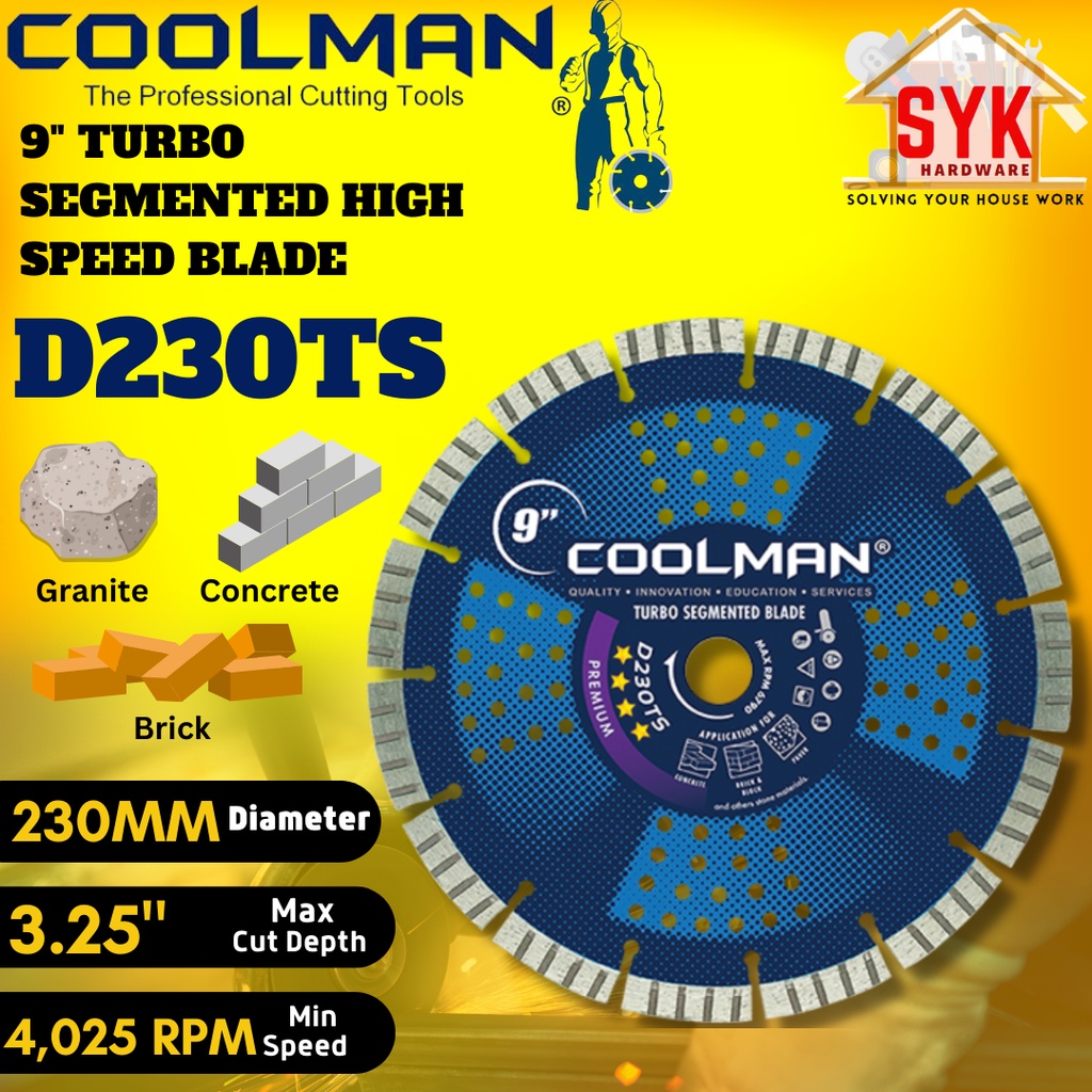 SYK Coolman D230TS 9 Inch Sintered High Speed Blade Turbo Segment Cutting Blade Concrete Blade Potong Batu konkrit