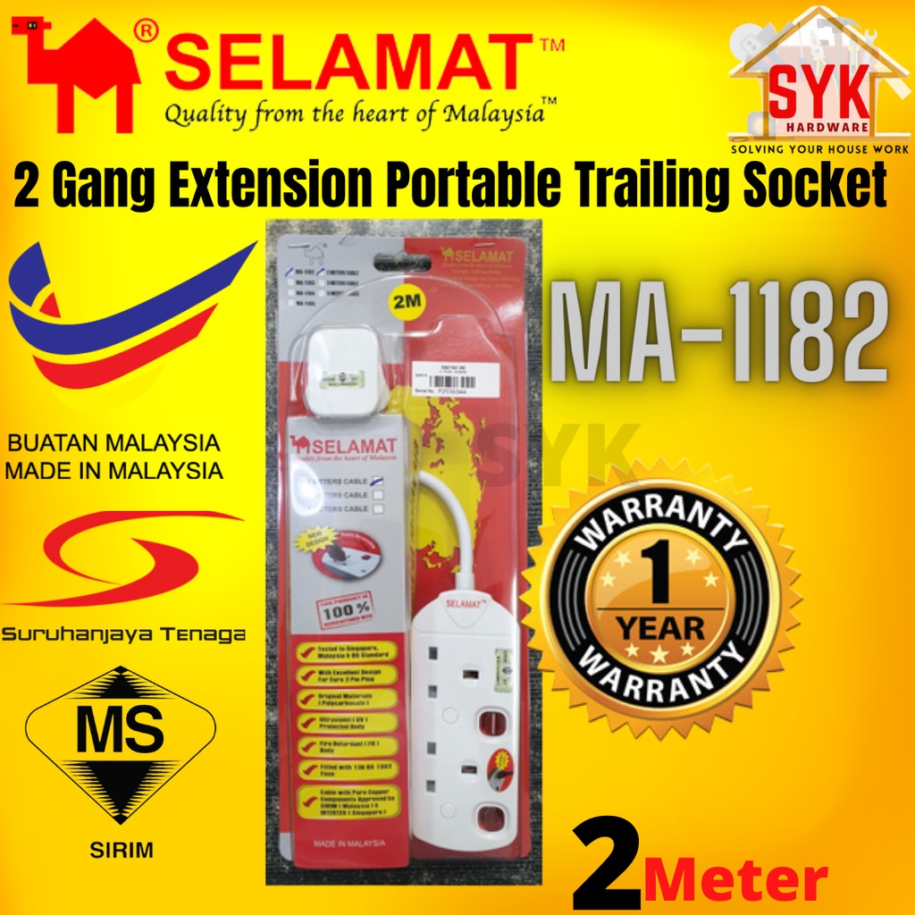 SYK SELAMAT MA-1182 2 Meter 2 Gang  Extension Portable Trailing Socket Extension Plug Heavy Duty Extension Socket