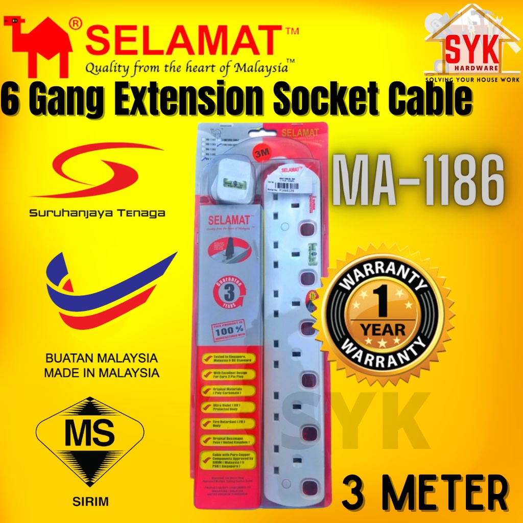 SYK SELAMAT MA-1186 (Neon) 3 Meter 6 Gang Power Extension Plug Heavy Duty Extension Socket Extension Wire Extension Cord