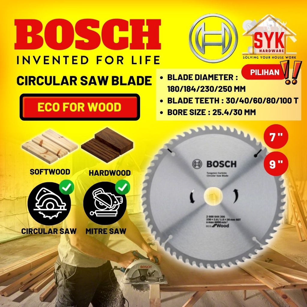 SYK Bosch Eco for Wood Circular Saw Blade Mata Pisau Potong Kayu Mesin Gergaji Blade Gergaji (30T/40T/60T/80T/100T)