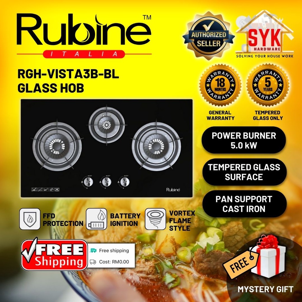 SYK (FREE SHIPPING GLASS WARRANTY 5 YEAR) Rubine Hob RGH-VISTA3B-BL Built In Gas Hob Gas Stove Kitchen Hob Dapur Gas