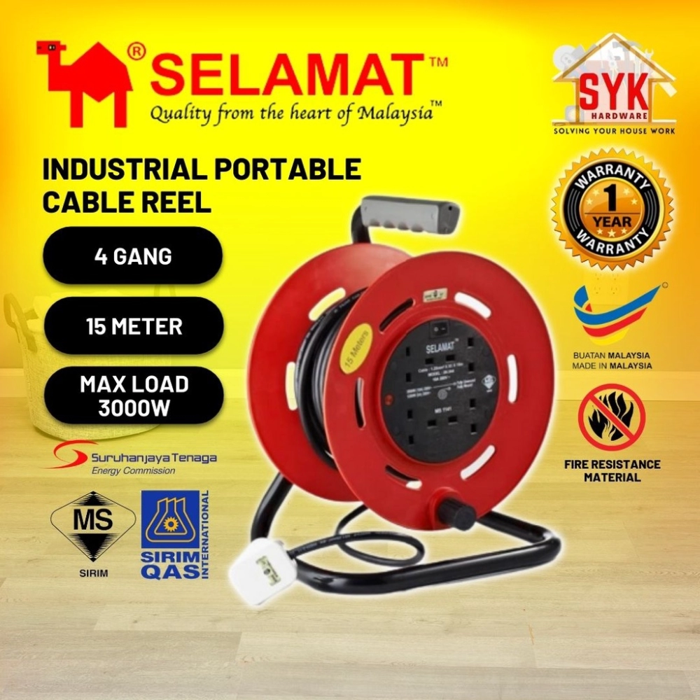SYK SELAMAT 4 Gang 15 Meter Portable Extension Cable Reel Plug Wire Heavy  Duty Extension Cord Penyambung Wayar Extension New Arrival Negeri Sembilan,  Malaysia Supplier, Seller, Provider, Authorized Dealer