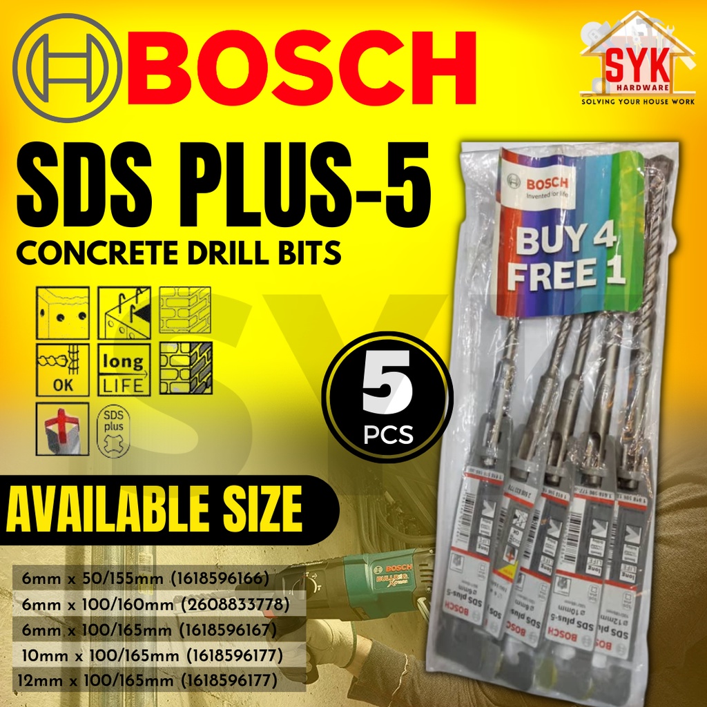 SYK BOSCH 0615A000KB 5Pcs SDS PLUS-5 Promo Set Concrete Drill Bits Mata Gerudi Dinding Konkrit Tajam Cepat Gorek