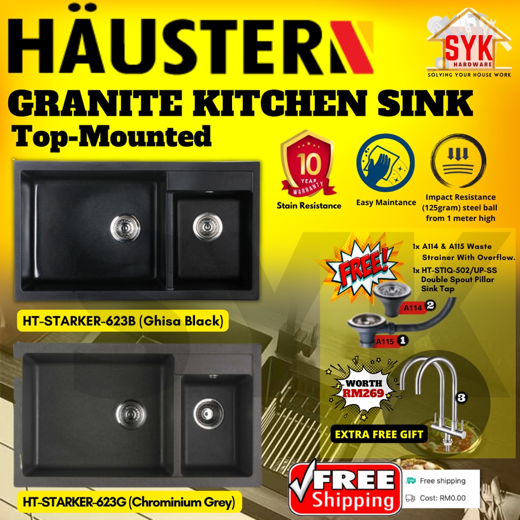SYK FREE SHIPPING RUBINE Haustern HT-STARKER -623B HT-STARKER -623G Top-Mounted Black Granite Kitchen Sink (Ghisa Black)