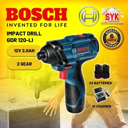 SYK Bosch GDR 120 LI 2.0 Ah 12V Cordless Impact Drill Kit With Battery Charger Gerudi Impak Mudah Alih - 06019F00L6