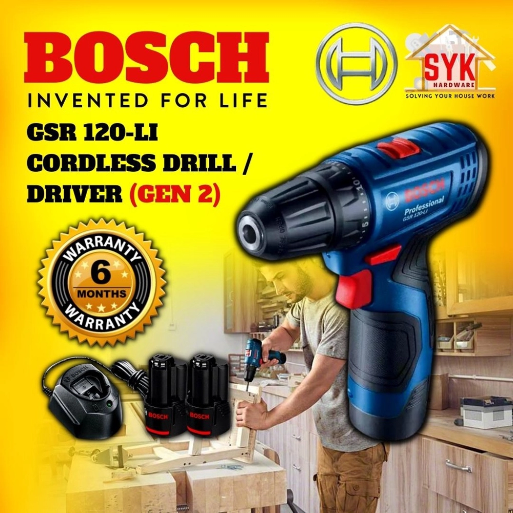 SYK BOSCH GSR 120-LI (GEN 2) Professional Cordless Drill Driver Screwdriver (2 Battery 2.0AH & 1 Charger) Penebuk Lubang