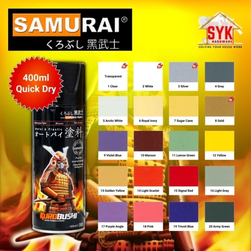 SYK SAMURAI Spray Paint Standard Colour 400ml (1-20) Plastic and Metal Coating Motorcycle Spray Menggerutu Samurai