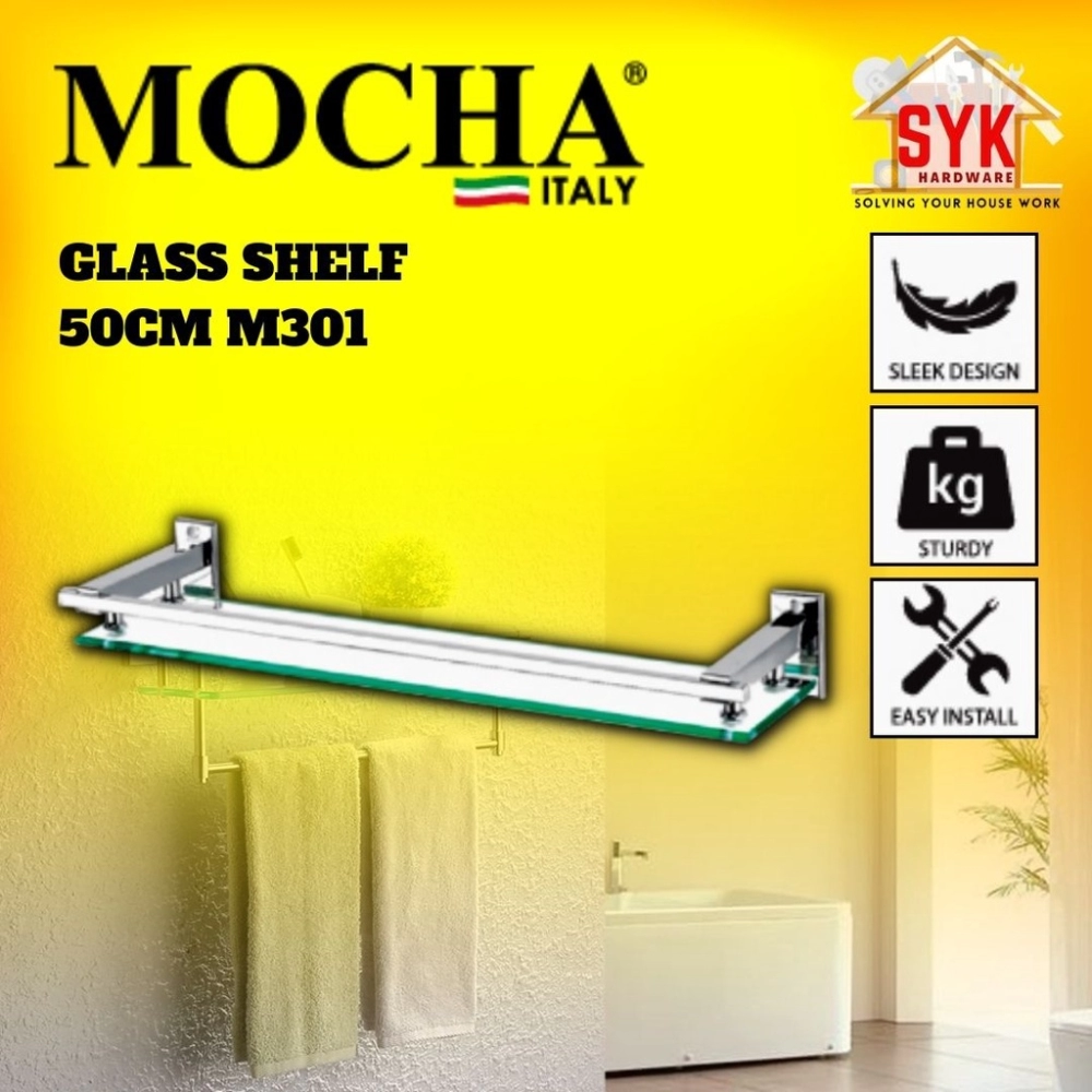 SYK MOCHA M301 Bathroom Toilet Wall Mounted Glass Shelf Rack Decor Rak Kaca Besi Barang Dinding Bilik Air Mandi Toilet