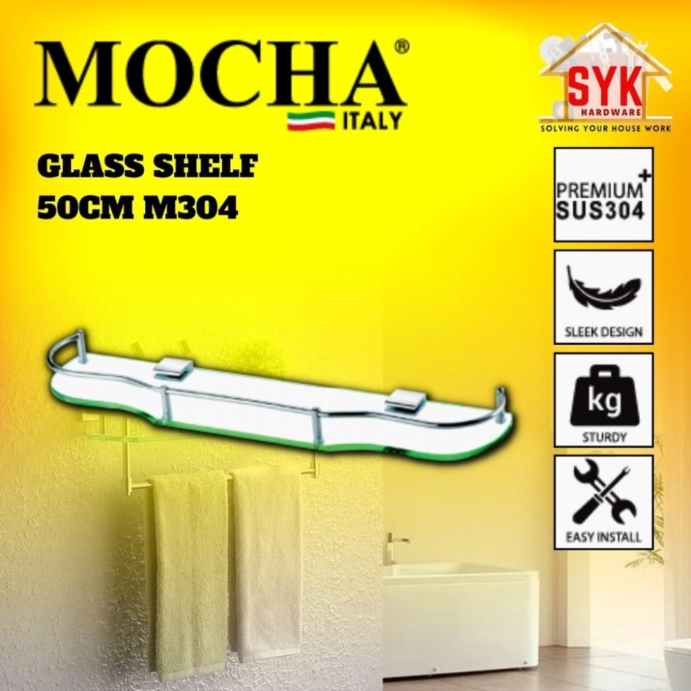 SYK MOCHA M304 Bathroom Toilet Wall Mounted Glass Shelf Rack Decor Rak Kaca Besi Barang Dinding Bilik Air Mandi Toilet