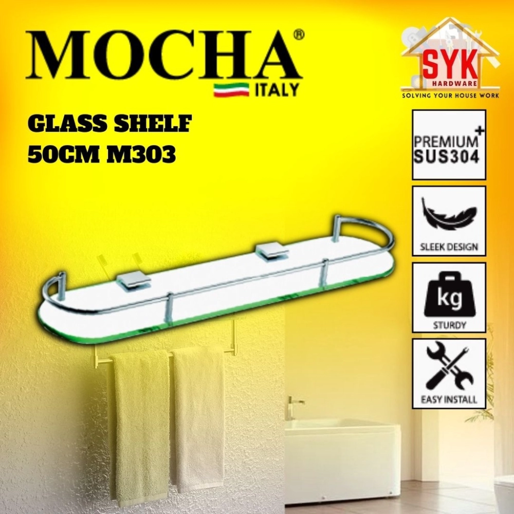 SYK MOCHA M303 Bathroom Toilet Wall Mounted Glass Shelf Rack Decor Rak Kaca Besi Barang Dinding Bilik Air Mandi Toilet