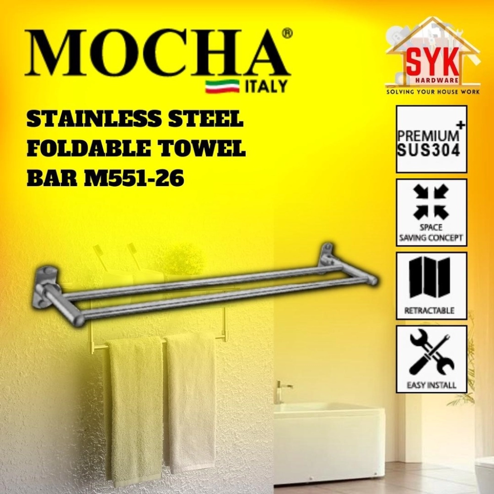 SYK Mocha M551-26/32 Foldable Bathroom Towel Bar Rack 304 Stainless Steel Rak Tuala Besi Lipat Bilik Air