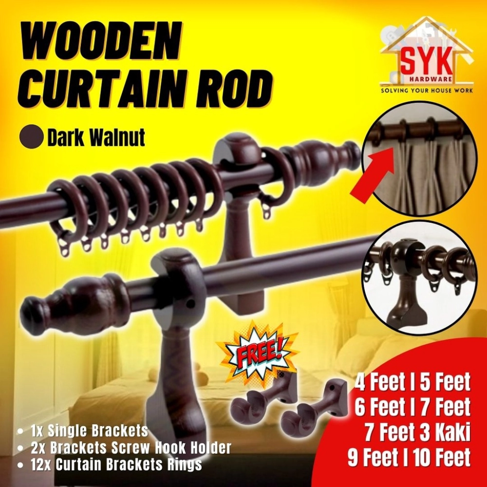 SYK Wooden Curtain Rod Dark Walnut Complete Set With Curtain Ring