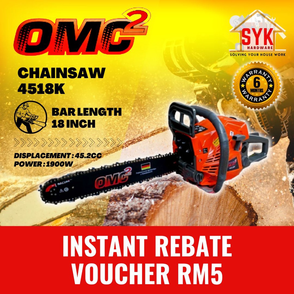 SYK OMC 4518K 18" Mesin Chainsaw H/Duty Gasoline 2 Stroke Chainsaw Mesin Gergaji Rantai Potong Kayu Pokok (45.2cc)